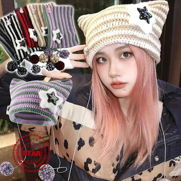 Ny Japansk Harajuku Y2K Stjärna Liten Djävul Randig Mössa Hatt Kvinnor Flickor Höst Vinter Varm P8Y6 Brown One size