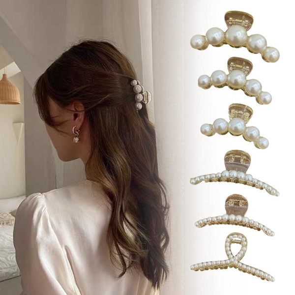 Kvinnor Big Pearl Hair Claw Clip Crab Clamp Large Metal Hairgrip H white2 Medium