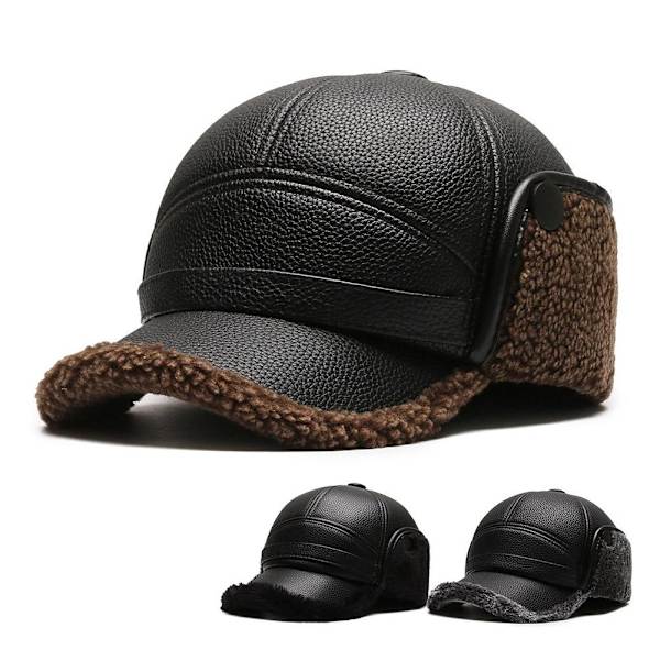 PU-läderkepsar för män, vinterhattar med öronvärmare, varm keps med öronlappar G7D6 Gray One size