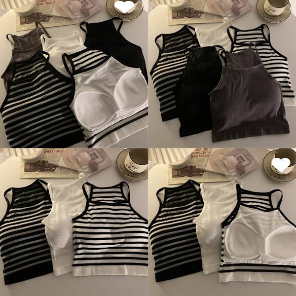 Tanktopp för damer, tråd, avslappnad crop-top med bröstvaddering, randig, ärmlös, het A0 White streak onesize
