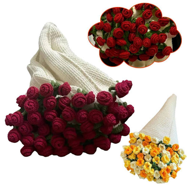 Handgjord virkad blomsterbukett filt stickad I6U4 bomull E5G8