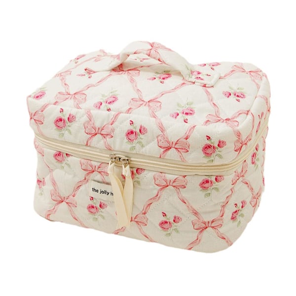 Blomma Rosett Quiltad Bomull Sminkväska Dragkedja Kosmetik Organizer Handväska K8U2  pink Cosmetic bag