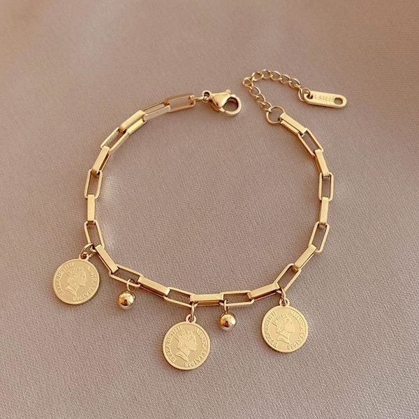 Dam Guldpläterat Rostfritt Stål Elizabeth Mynt Berlock Armband Smycke Prof M4V9
