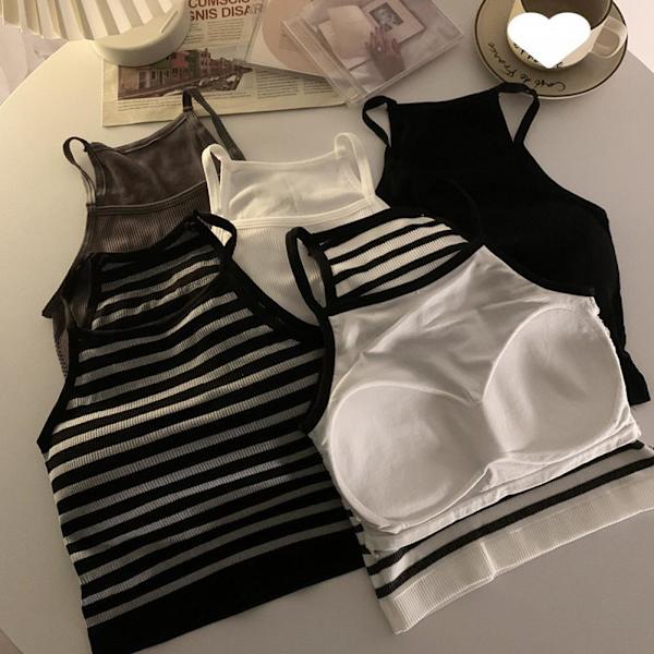Tanktopp för damer, tråd, avslappnad crop-top med bröstvaddering, randig, ärmlös, het A0 White streak onesize