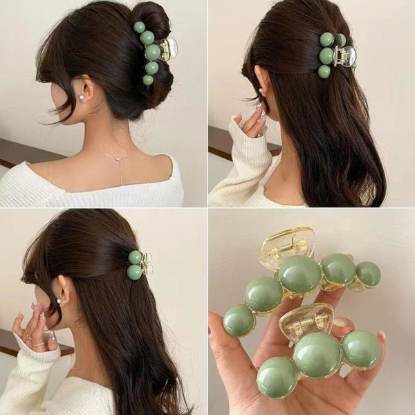 Koreansk Elegant Big Pearls Hair Claw For Women Back Hair Hold Too green small