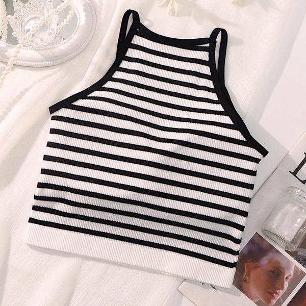 Tanktopp för damer, tråd, avslappnad crop-top med bröstvaddering, randig, ärmlös, het A0 Black onesize