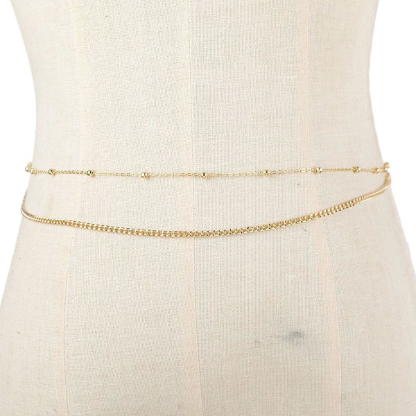 Dubbellagers Metall Kroppskedja Midjekedja För Kvinnor Pärlor Halsband GoldenA 1pcs