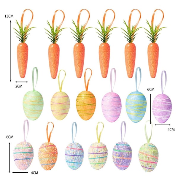 18-pack Påskägg Morot Hängande Ornament, Färgglada Skum Påsk
