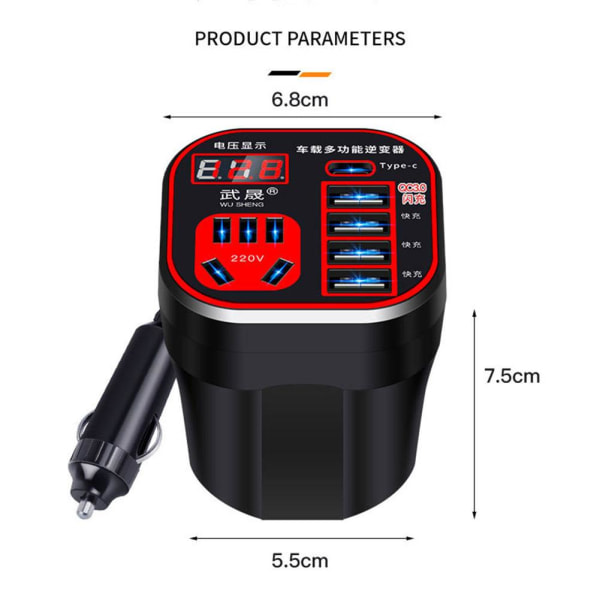 Power 24V/12V till 220V LED-skärm 4- USB -port + Ciga Red QC3.0