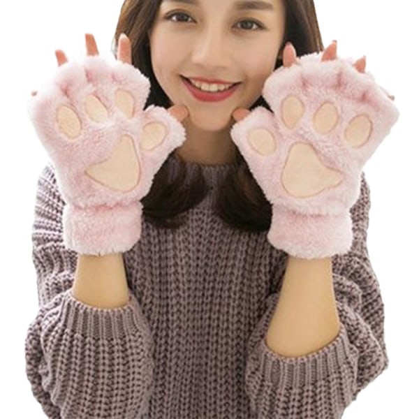 Vinter Tecknad Katt Klo Öppna Finger Trådade Varma Handskar Korean Cu pink one-size
