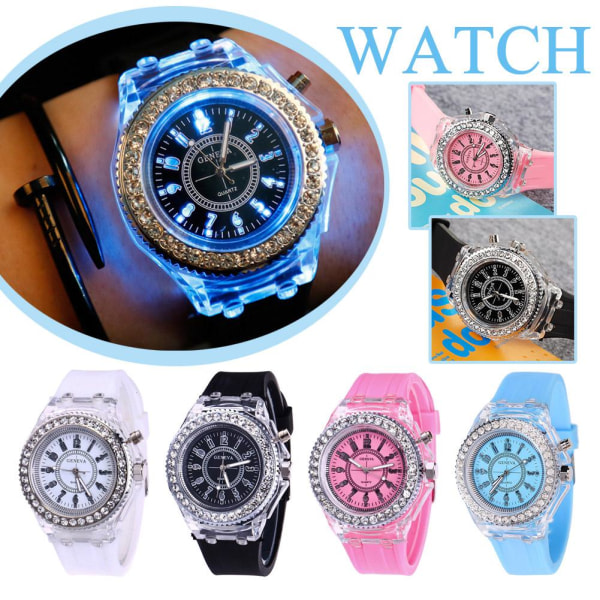 Mode Kvinnor Watch Blixt LED-ljus Crystal Quartz Sp Blue One size