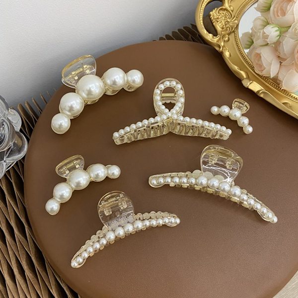 Kvinnor Big Pearl Hair Claw Clip Crab Clamp Large Metal Hairgrip H white2 Medium