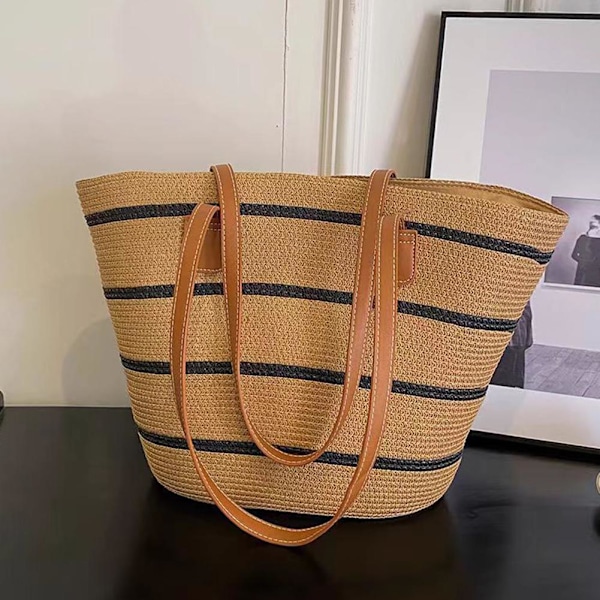 Stor Kapacitet Casual Halmvävda Axelväskor Patchwork Strand C One size