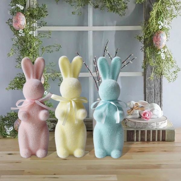Påskhare Dekorationer, Flockad Kaninfigur med Fluga, Sammetskanin Staty Vår Trädgård Bordsskiva Skulptur Dekoration för Påsk Pink One size