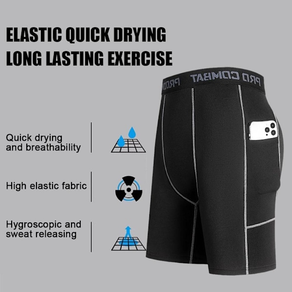 Herrkläder Athletic Fitness Byxor Kompressionsbyxor Fickor Med black XXXL