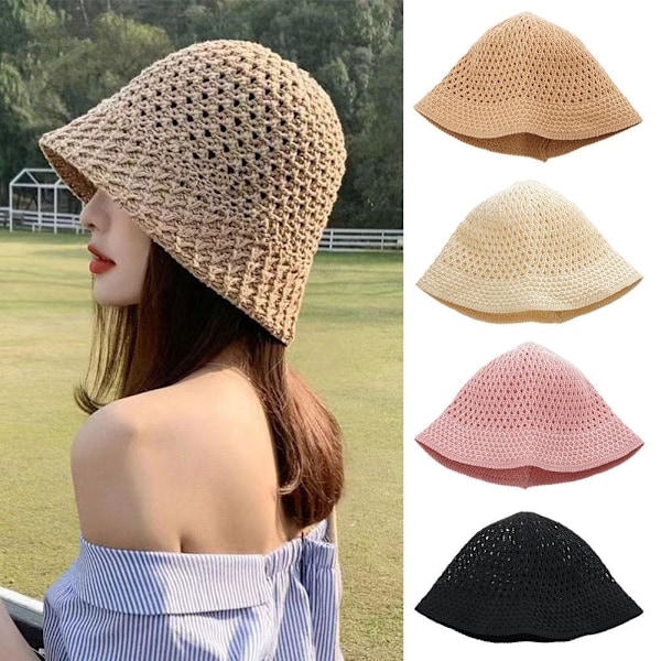 Bredbrättad Floppy Sommarhatt Vikbar Bredbrättad Keps Solhatt Halm Strand beige ONE-SIZE