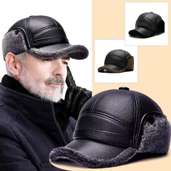 PU-läderkepsar för män, vinterhattar med öronvärmare, varm keps med öronlappar G7D6 Gray One size