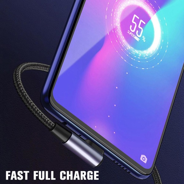 Flätad 90° graders vinkel USB C Typ C Snabb datasynk laddare Cha silverB 1m
