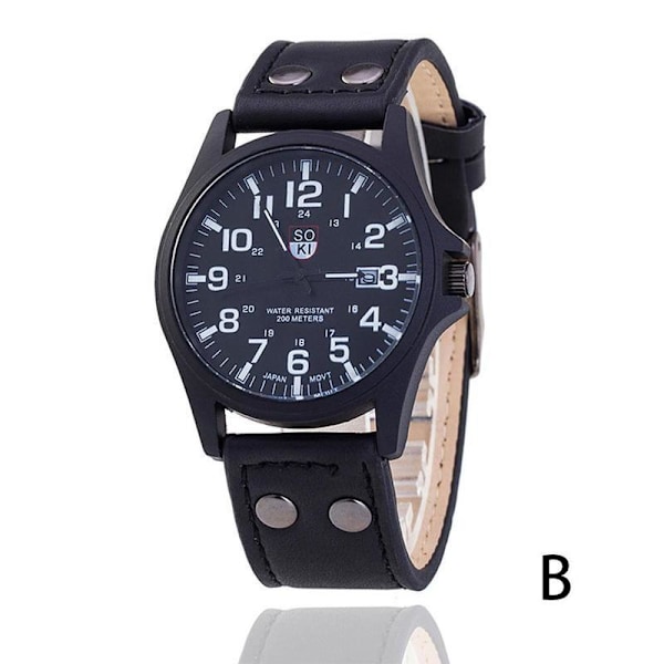 Militärklocka i läder för män, kvartsanalog, armé, casual, Wr black B