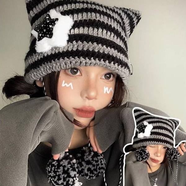 Ny Japansk Harajuku Y2K Stjärna Liten Djävul Randig Mössa Hatt Kvinnor Flickor Höst Vinter Varm P8Y6 Black Gray One size
