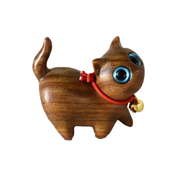 1/2/4 st Sandalwood Hand Carved Wood Cat Figurine, Handmade Wood brown With bell