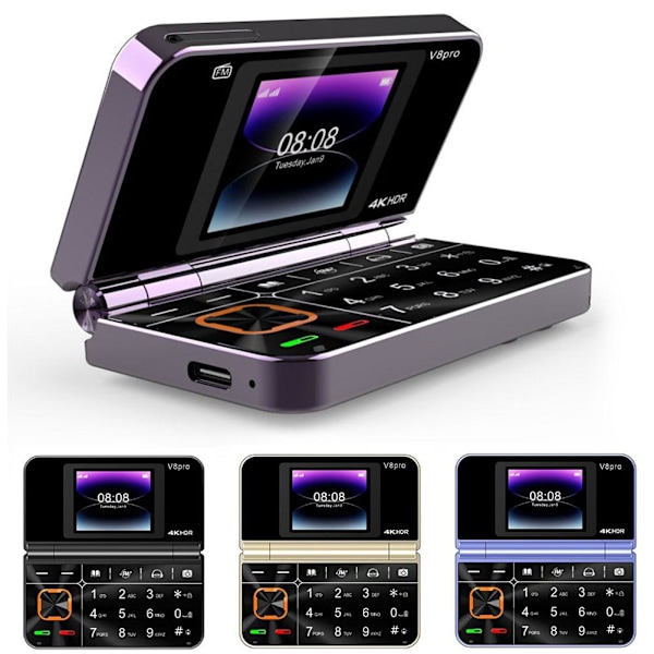 V8pro Dubbelskärm Vikbar Sidoflip Funktionstelefon Stor Knapp D purple 1pcs