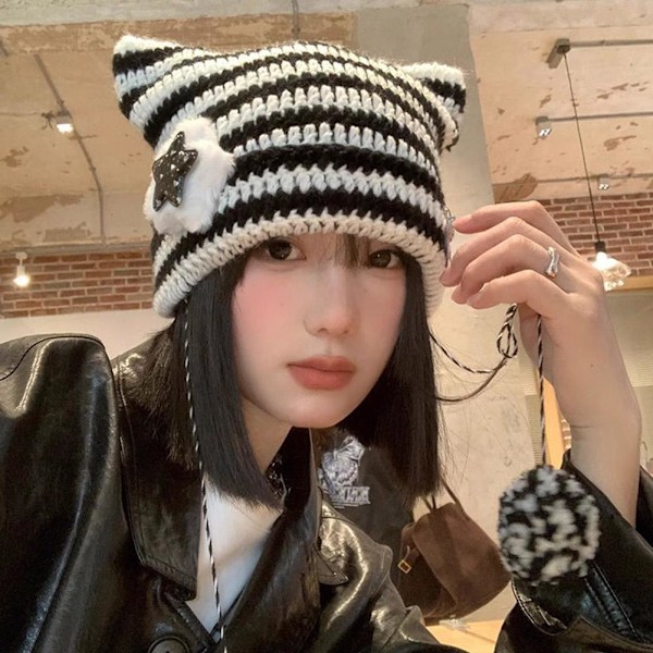 Ny Japansk Harajuku Y2K Stjärna Liten Djävul Randig Mössa Hatt Kvinnor Flickor Höst Vinter Varm P8Y6 Brown One size