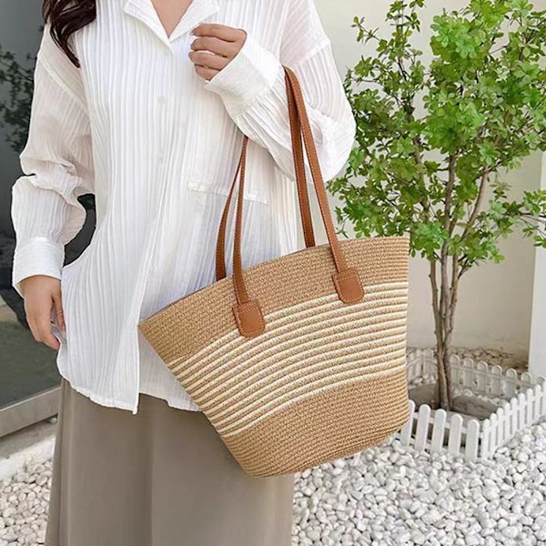 Stor Kapacitet Casual Halmvävda Axelväskor Patchwork Strand E One size