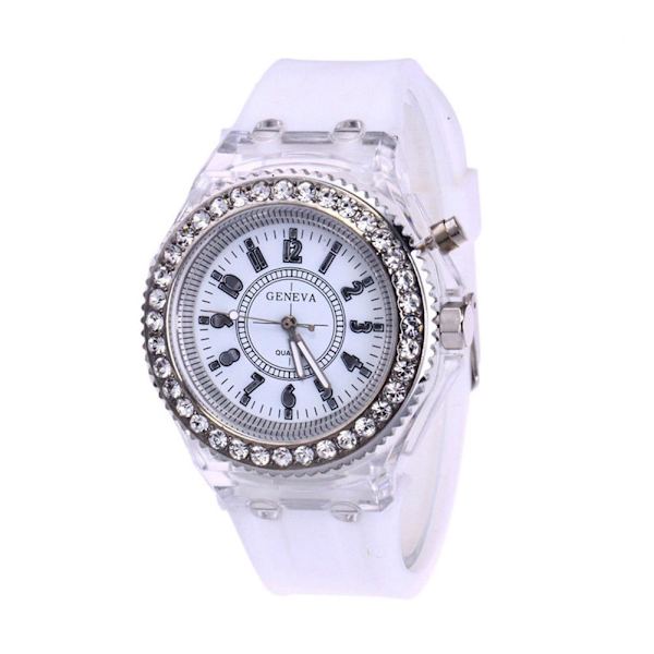 Mode Kvinnor Watch Blixt LED-ljus Crystal Quartz Sp White One size