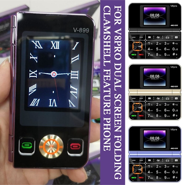 V8pro Dubbelskärm Vikbar Sidoflip Funktionstelefon Stor Knapp D black 1pcs