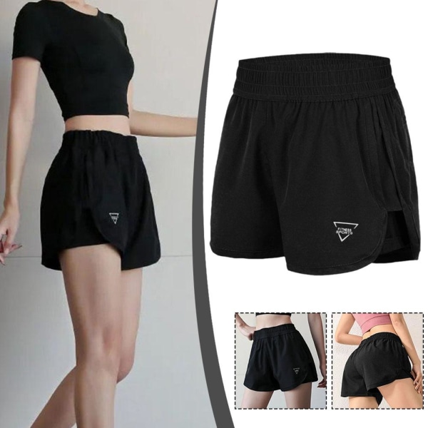 Sports Gym Yoga Dubbellagers elastiska shorts för kvinnor, storlekar S,M,L black L