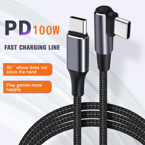 Flätad 90° graders vinkel USB C Typ C Snabb datasynk laddare Cha silverB 1m