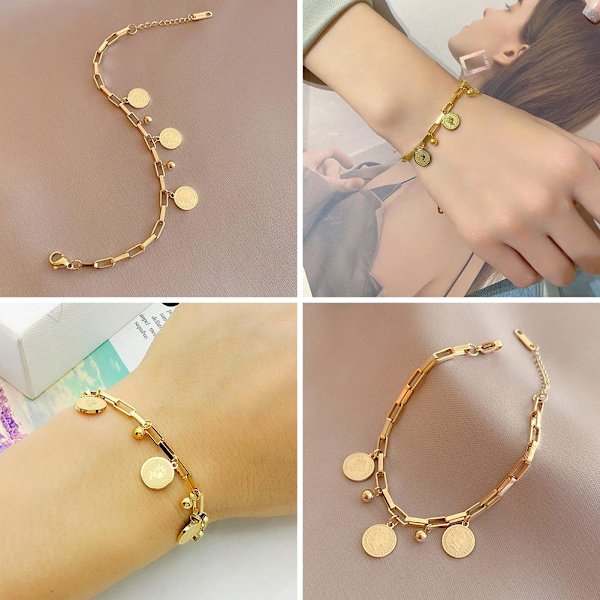 Dam Guldpläterat Rostfritt Stål Elizabeth Mynt Berlock Armband Smycke Prof M4V9