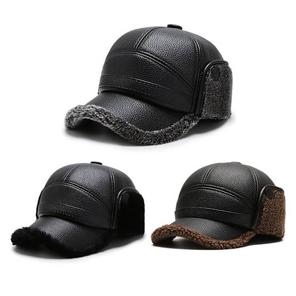 PU-läderkepsar för män, vinterhattar med öronvärmare, varm keps med öronlappar G7D6 Gray One size