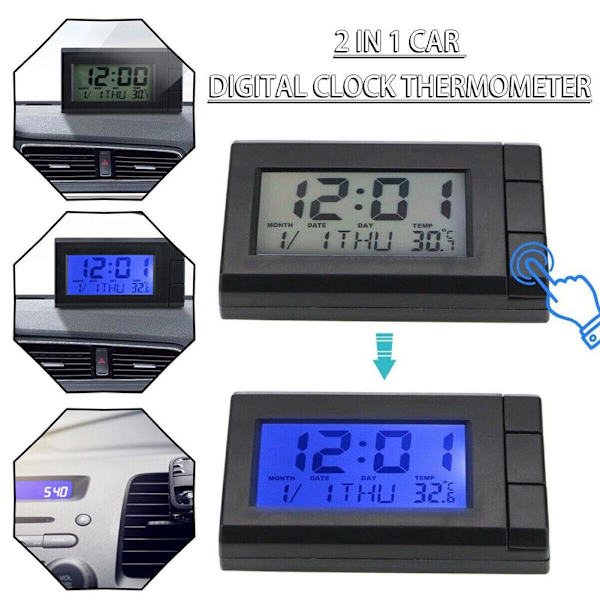 2-i-1 Digital LCD Elektronisk Klocka Termometer Bilklocka Noctilucent Dec ` blue 1pcs