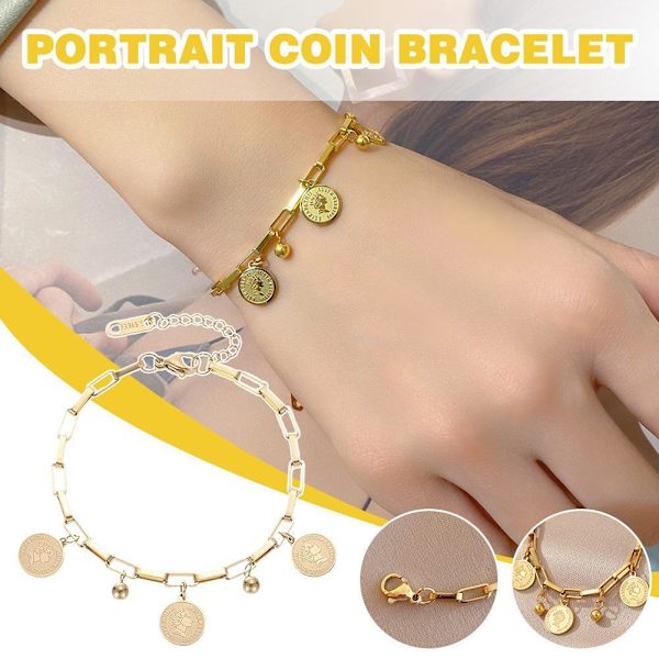 Dam Guldpläterat Rostfritt Stål Elizabeth Mynt Berlock Armband Smycke Prof M4V9