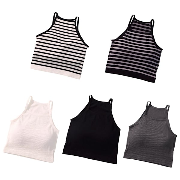 Tanktopp för damer, tråd, avslappnad crop-top med bröstvaddering, randig, ärmlös, het A0 Black onesize