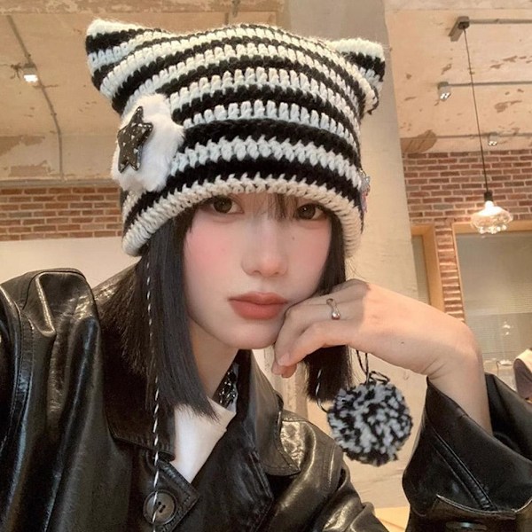 Ny Japansk Harajuku Y2K Stjärna Liten Djävul Randig Mössa Hatt Kvinnor Flickor Höst Vinter Varm P8Y6 Brown One size