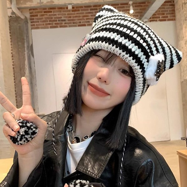 Ny Japansk Harajuku Y2K Stjärna Liten Djävul Randig Mössa Hatt Kvinnor Flickor Höst Vinter Varm P8Y6 Black Gray One size