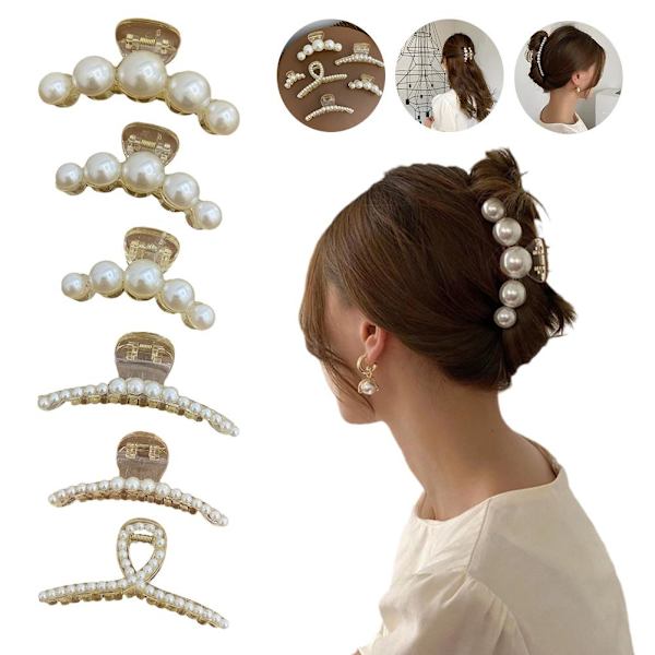 Kvinnor Big Pearl Hair Claw Clip Crab Clamp Large Metal Hairgrip H white large
