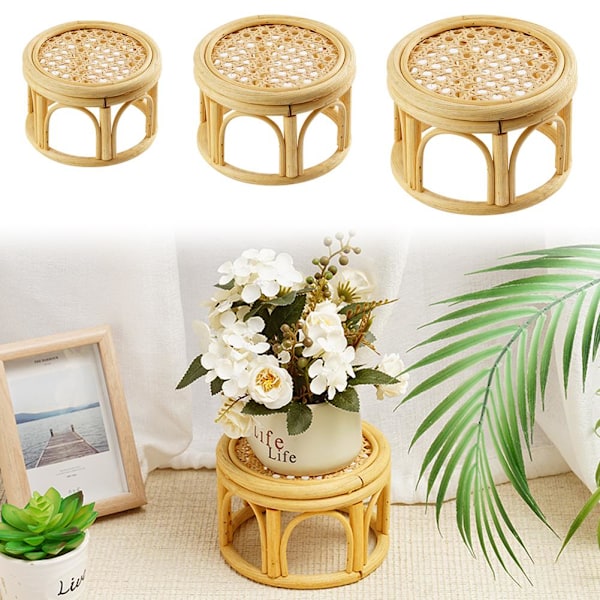 RJSQAQE Rattan Plant Stands, Liten Boho Rattan Wicker Rund Riser RattanL L
