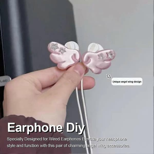 Englevinge øretelefontilbehør for kablede ørepropper, klipsdekorasjon med glitrende stjerner Pink 2pcs