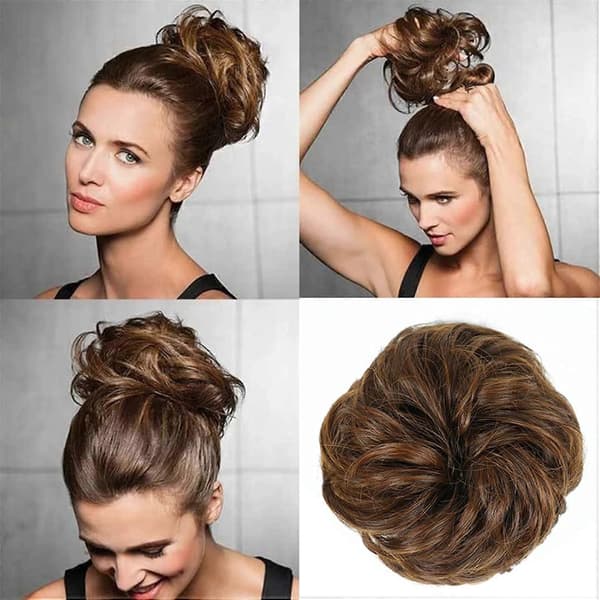 Hårknute-forlengelse, rotete chignon-hårdel for kvinner, brun 28H613, umiddelbart volum, elastisk passform