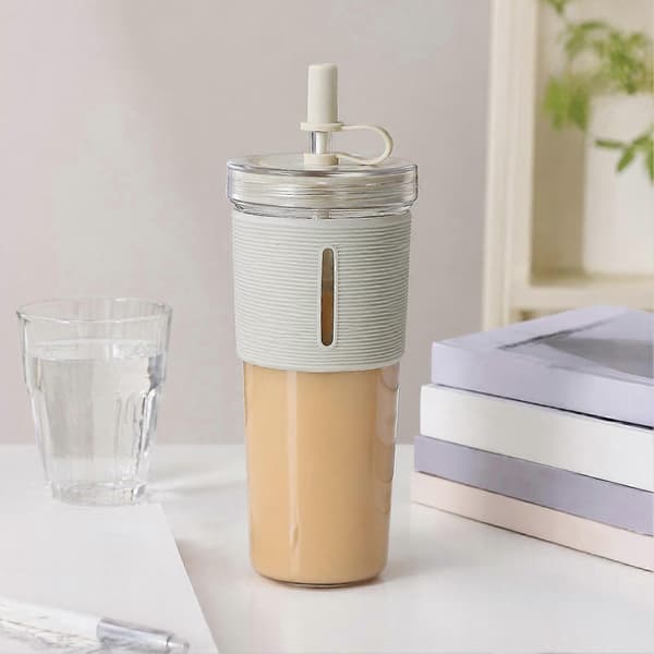Dubbelväggig kopp – Isolerad plast med sugrör – för iste, kaffedrycker Khaki