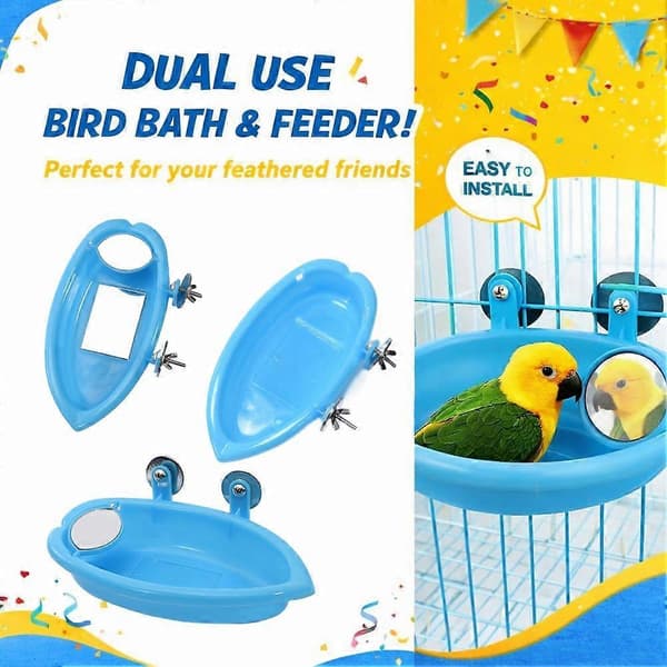 Fågelbadlåda med spegel - Blå plastparakitdusch och matningsstation 2 Mirror 1pcs