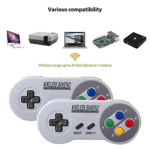 2-pakning trådløs kontroller for SNES med USB-mottaker, 100 timers batteri, støtte for PC Mac Raspberry Pi