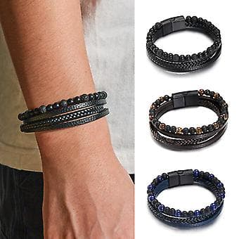 New Leather Braided Surfer Bracelet for Men with Tiger Eye Beads, Bangle, Gift (Black)