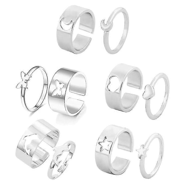 5 par/sett Hjerte/stjerne ring for kvinner menn par matchende beste venn Silver