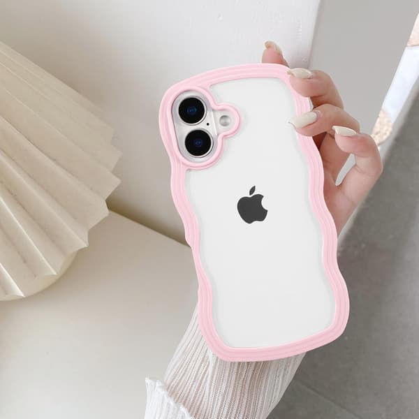 Case, Cute Curly Wavy Frame Clear Case, Transparent Soft Silicone Protective Phone Cover for iPhone 16 - Pink iPhone 16