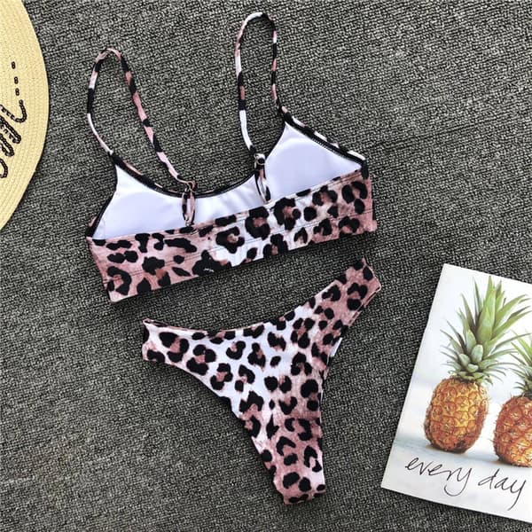 Leopardmønstret Bikini for Damer, Bandeau-Bikini med Stropper, Badedrakt Rosa Pink M